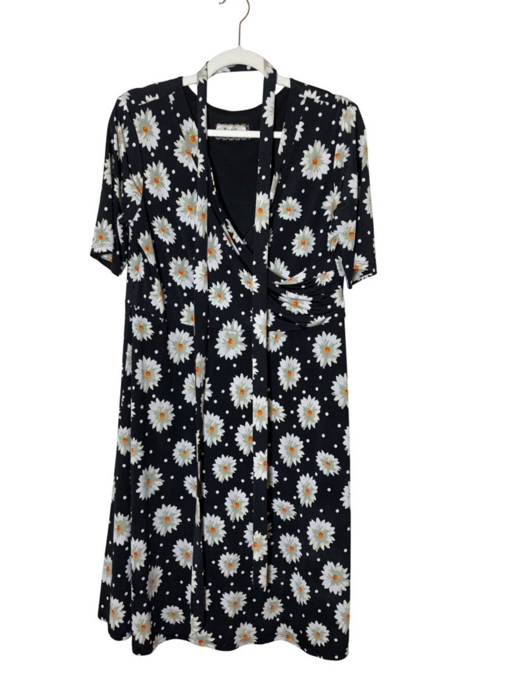 Lucie Lu 1X Black Daisy Floral Polka Dot Mod Cloth Dress Ruched Waist Made USA